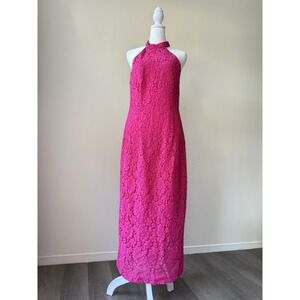 Zara Lace Halter Dress‎ Womens Medium Pink Fuchsia Midi Floral Open Back Pencil